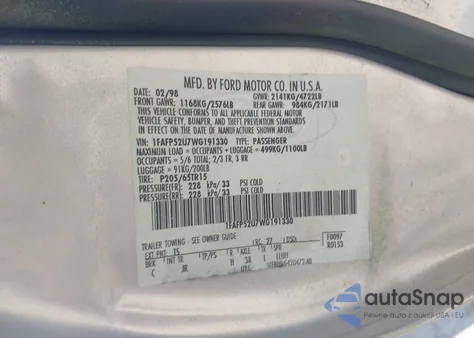 1998 Ford Taurus Lx/Se из США, поврежденный, VIN 1FAFP52U7WG191330